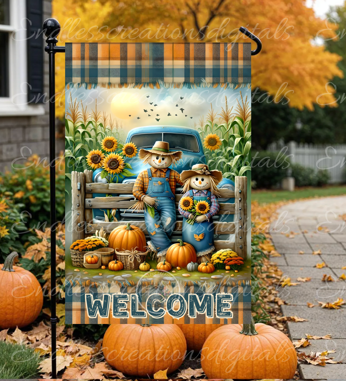 MR & MRS SCARECROW TRUCK FALL GARDEN FLAG