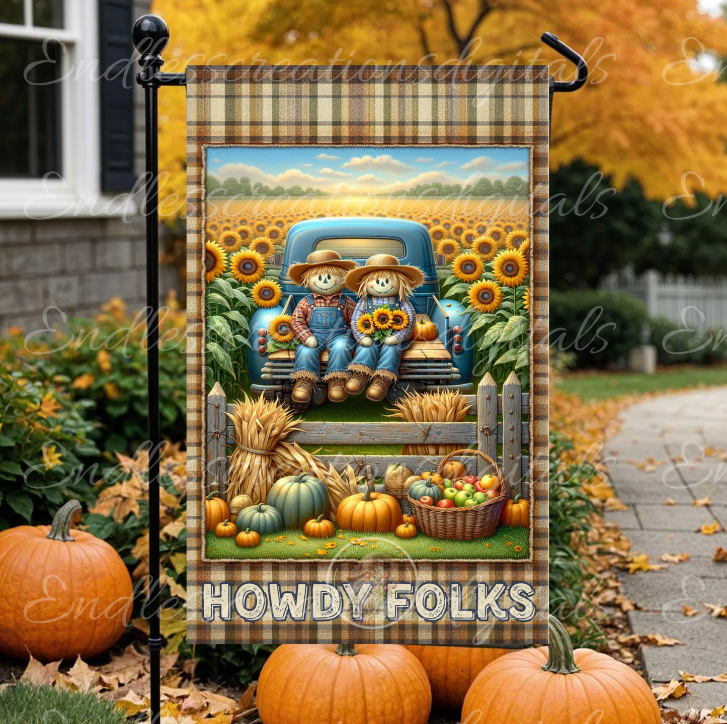 HOWDY FOLKS SCARECROW COUPLE FALL GARDEN FLAG