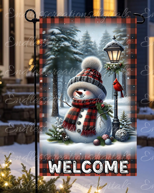 WELCOME BUFFALO PLAID SNOWMAN GARDEN FLAG