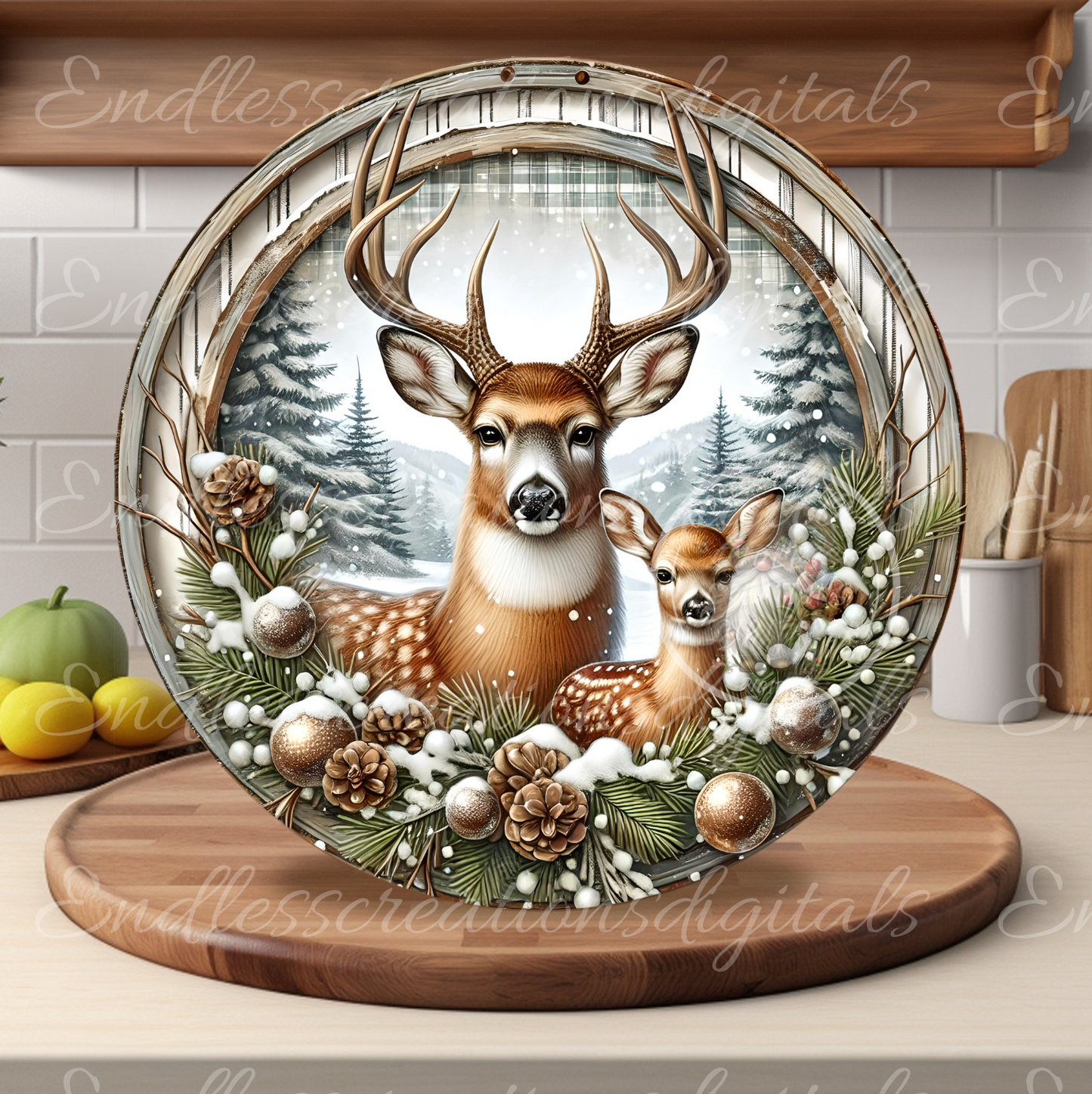 WINTER BUCK AND FAWN DEER CLOCK DESIGN
