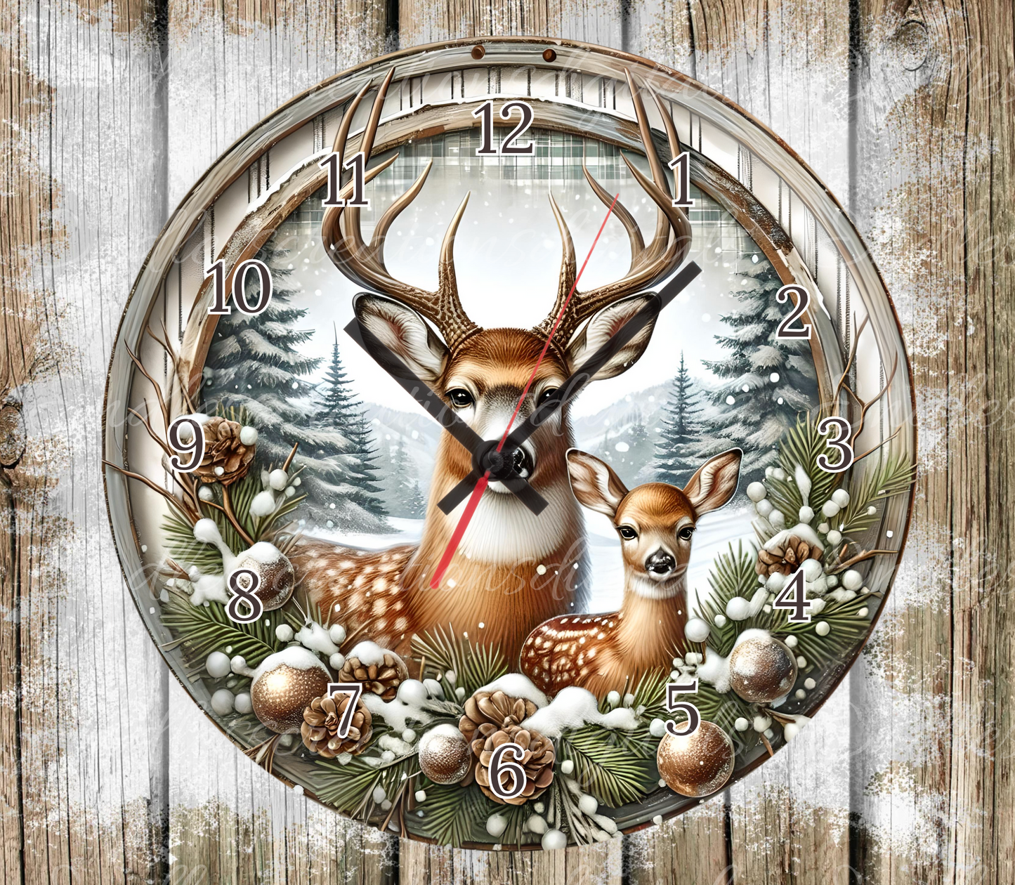 WINTER BUCK AND FAWN DEER CLOCK DESIGN