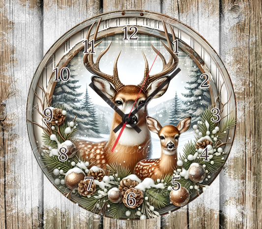 WINTER BUCK AND FAWN DEER CLOCK DESIGN
