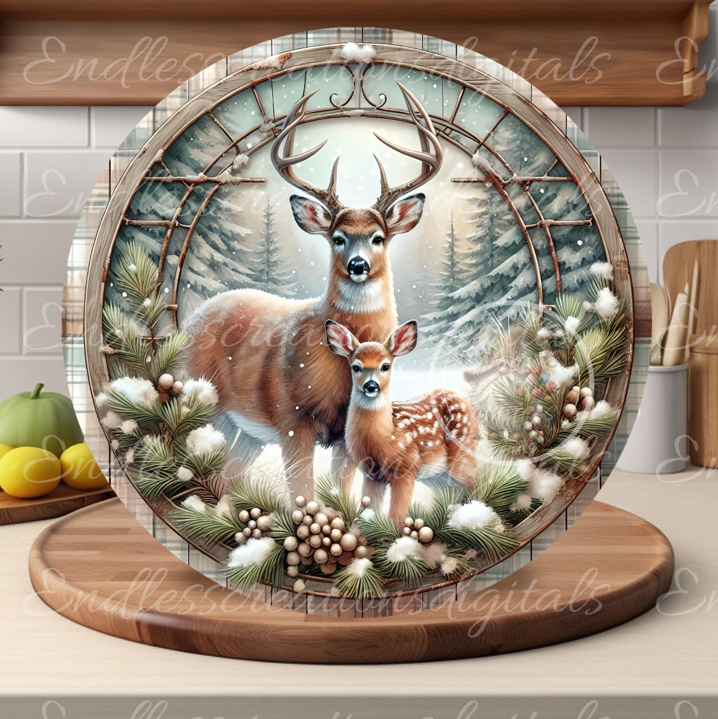 WINTER FAWN AND BUCK DEER CLOCK DESIGN