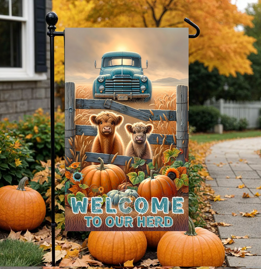 WELCOME HIGHLANDS BLUE TRUCK FALL GARDEN FLAG
