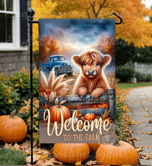WELCOME TO THE FARM HIGHLAND COW GARDEN FLAG