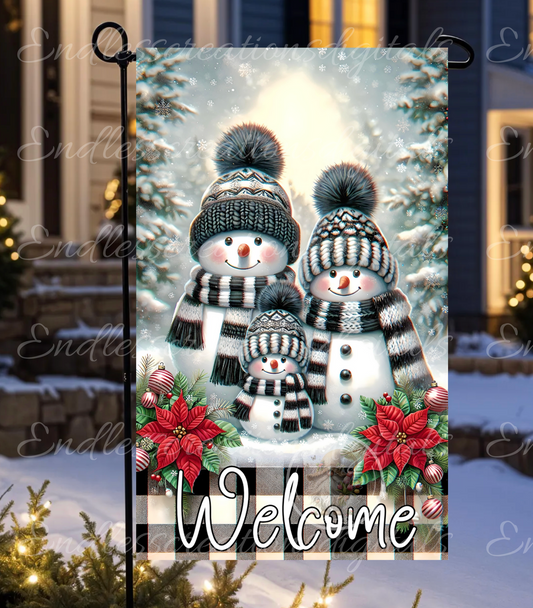 WELCOME SNOWMAN FAMILY WINTER GARDEN FLAG