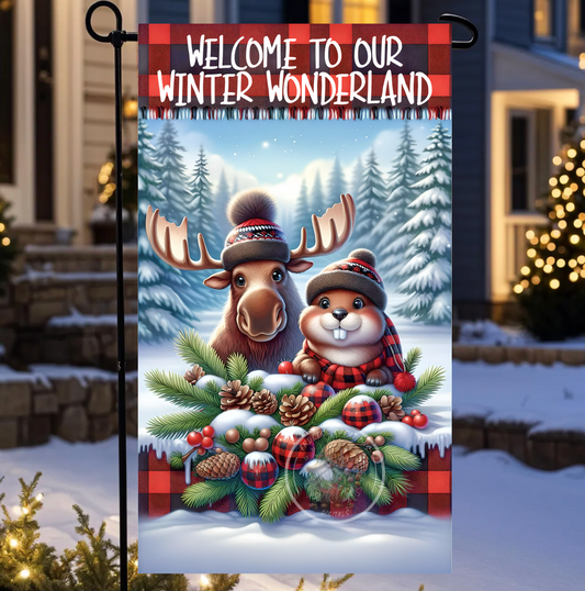 WINTER WONDERLAND MOOSE GARDEN FLAG