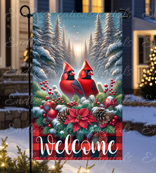 WELCOME WINTER CARDINALS GARDEN FLAG