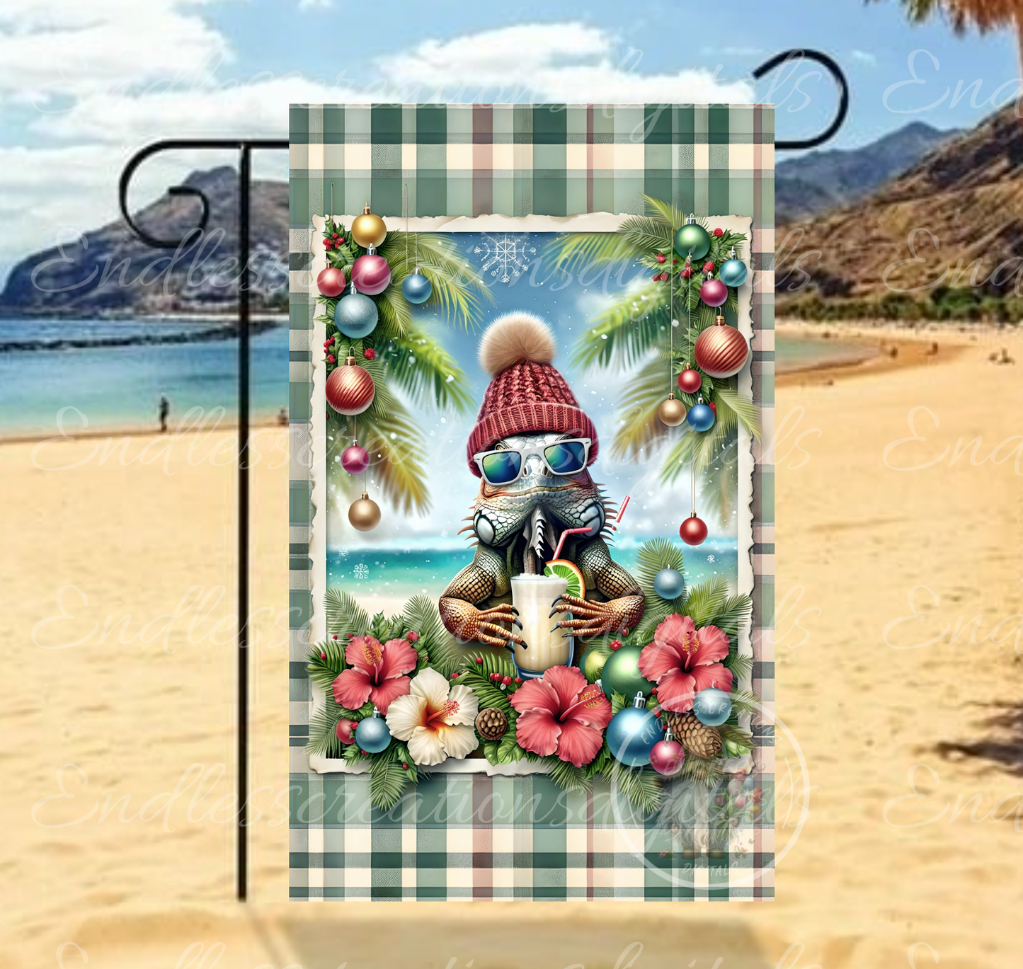TROPICAL IGUANA CHRISTMAS GARDEN FLAG