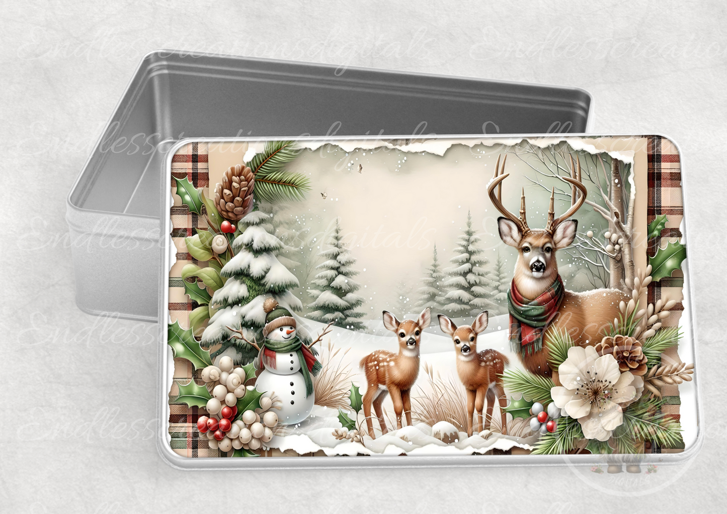 WINTER DEER SNOWMAN RECTANGLE/TINS