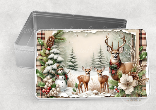 WINTER DEER SNOWMAN RECTANGLE/TINS