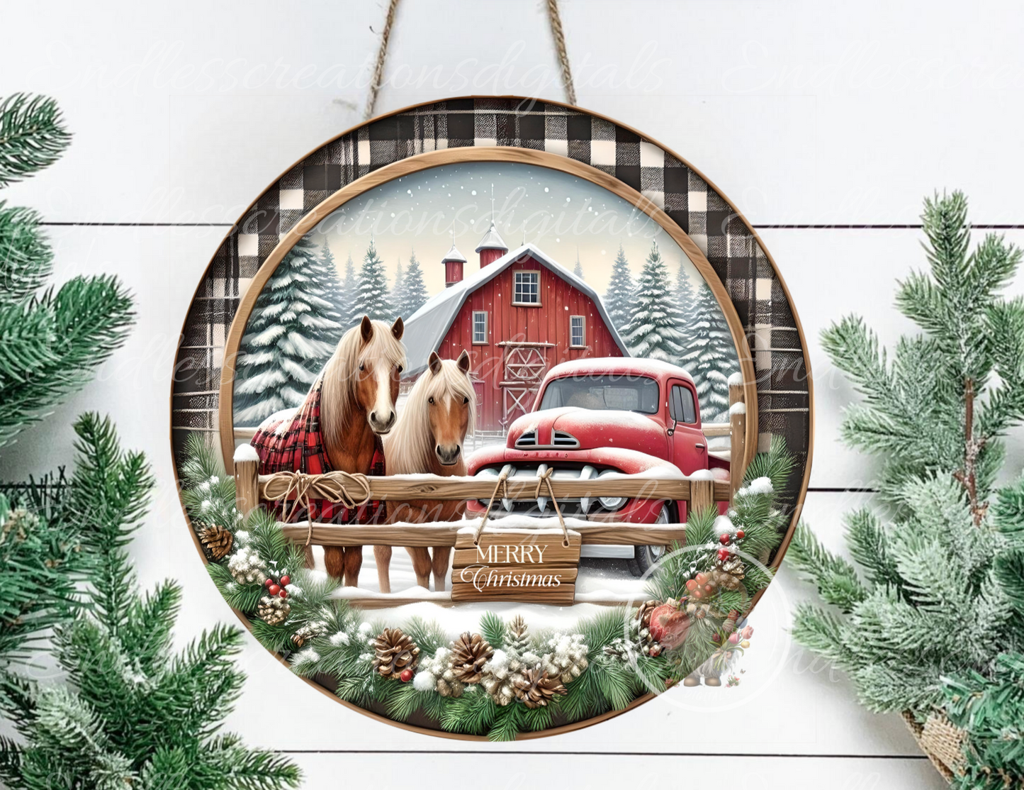 WINTER RED TRUCK HORSE FARM