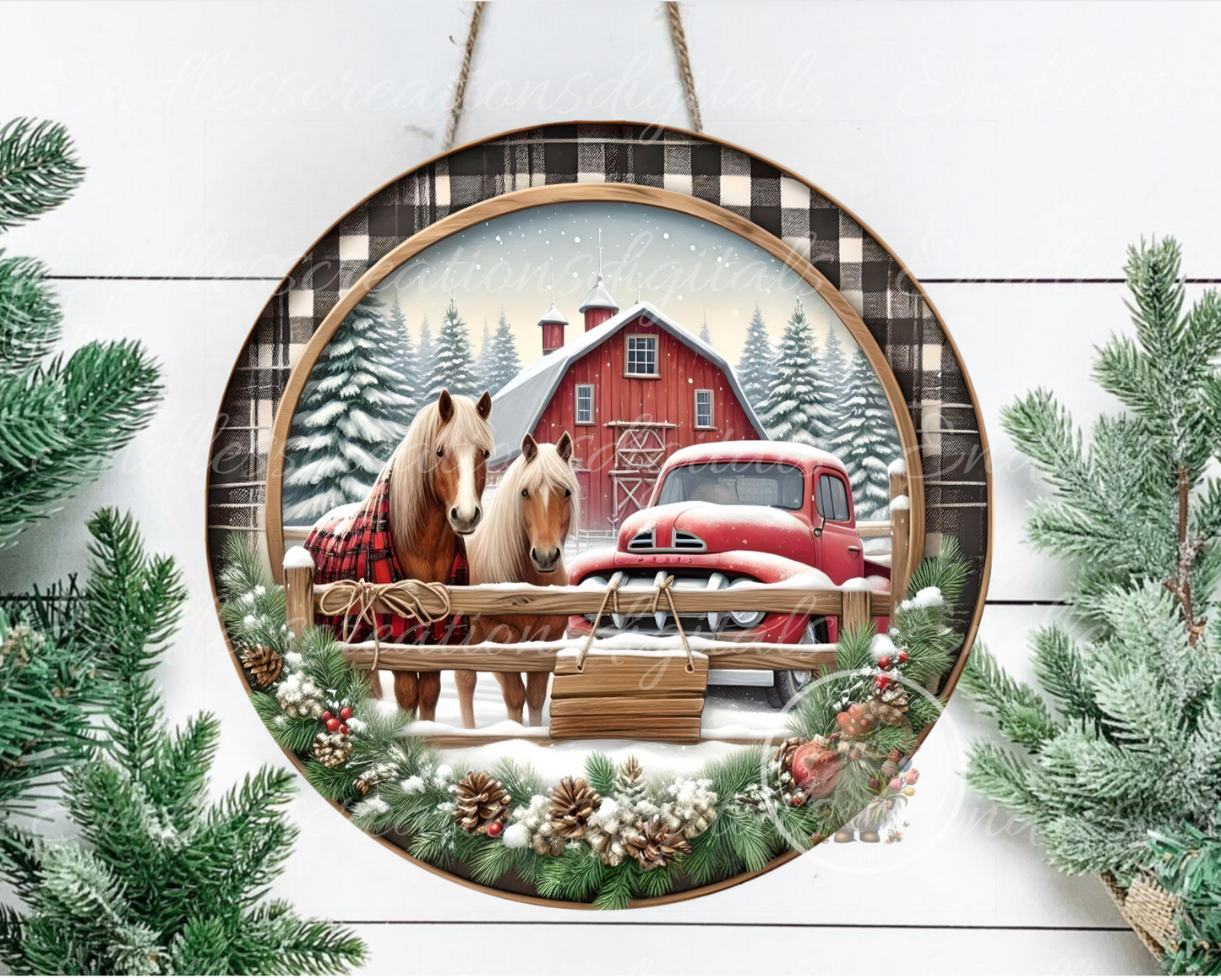 WINTER RED TRUCK HORSE FARM