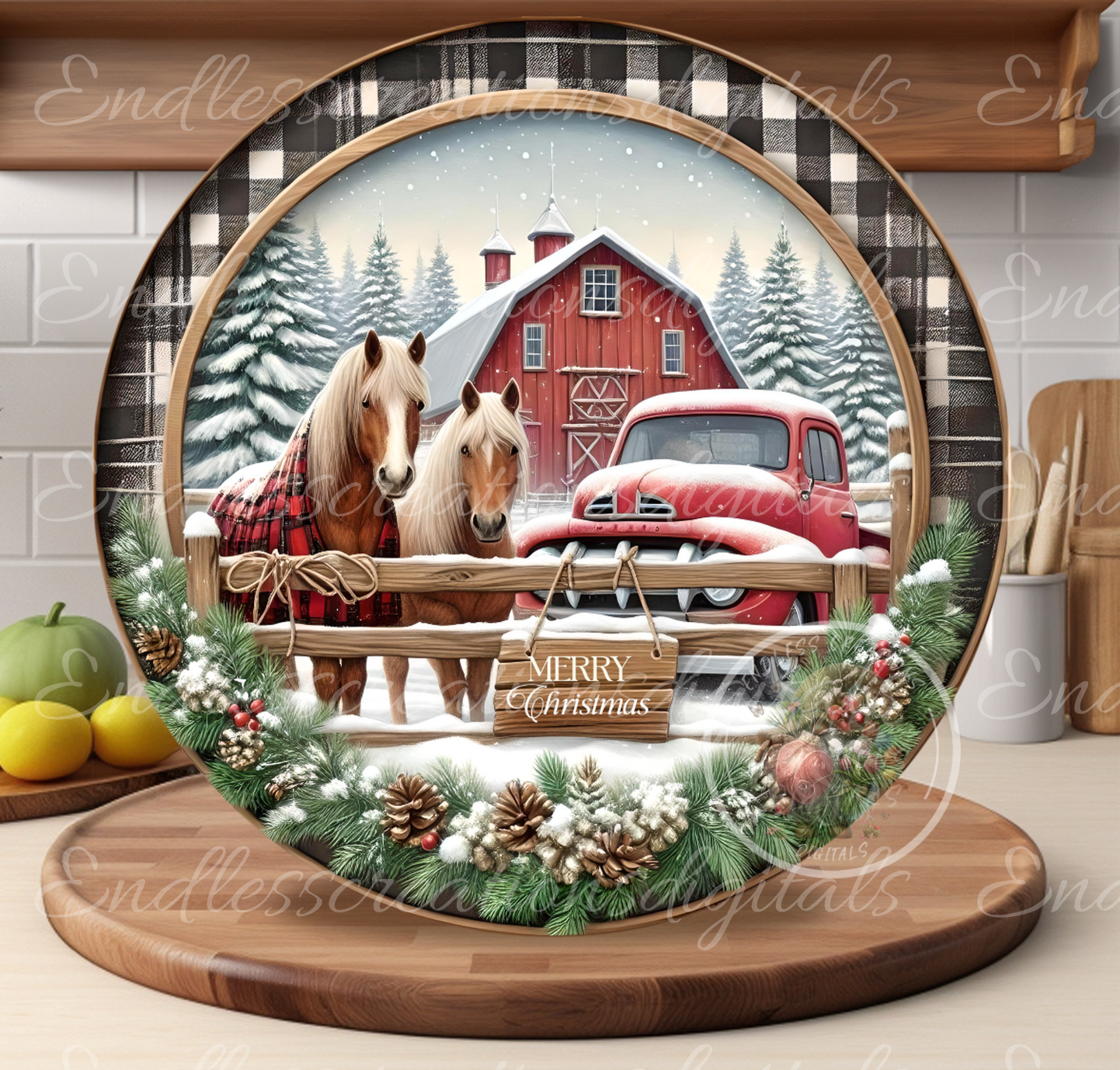 WINTER RED TRUCK HORSE FARM