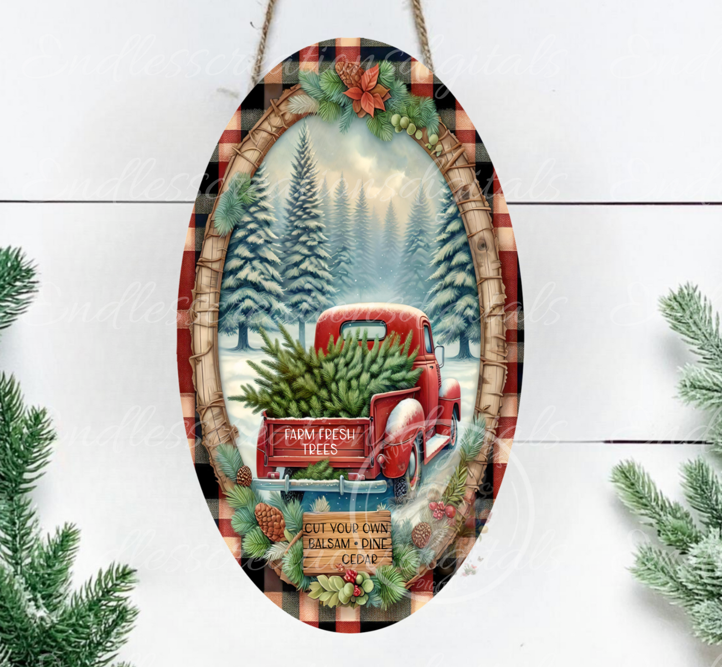 RED TRUCK TALL OVAL DIGITAL WINTER TREES
