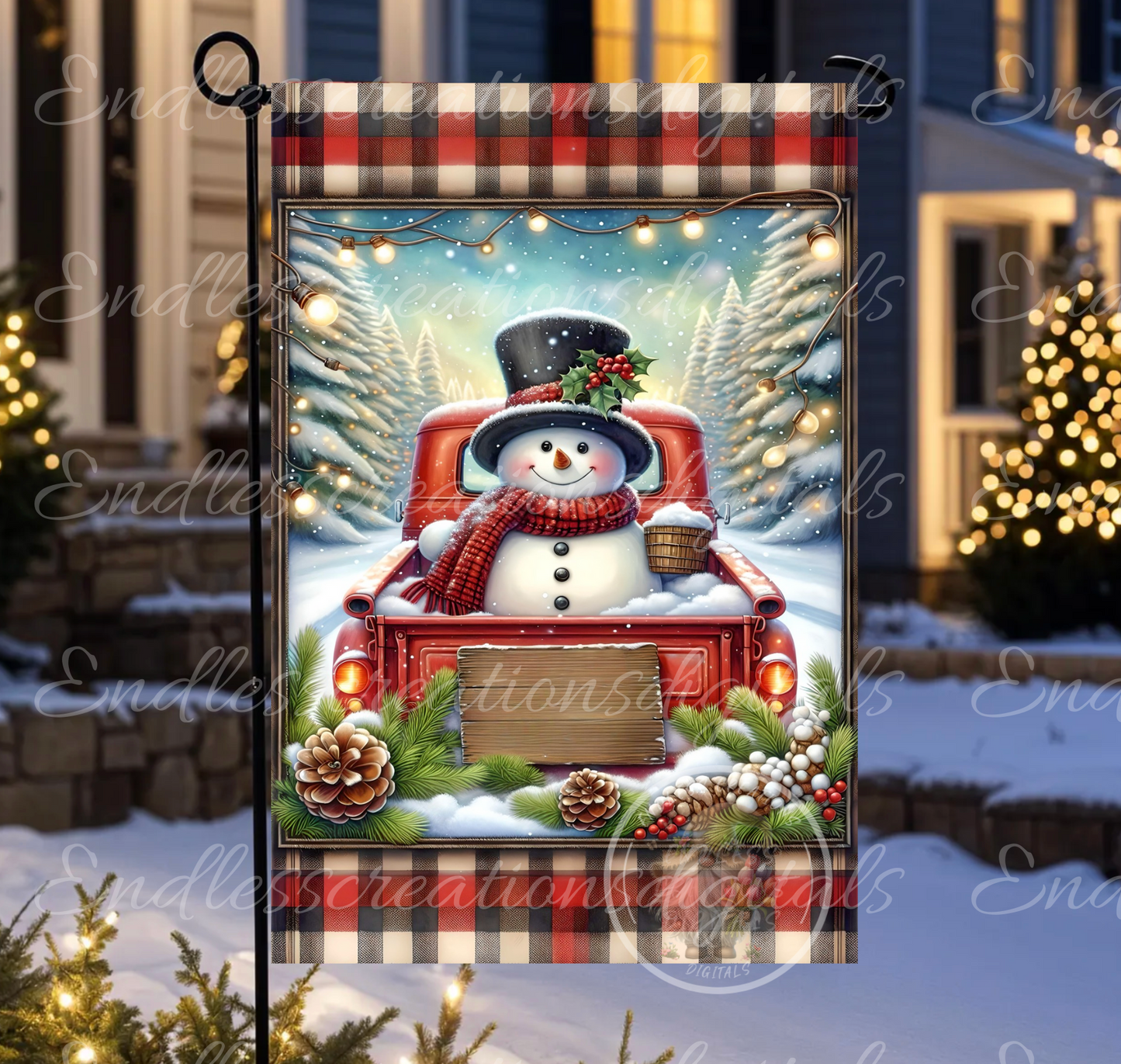 WINTER SNOWMAN IN RED TRUCK GARDEN FLAG