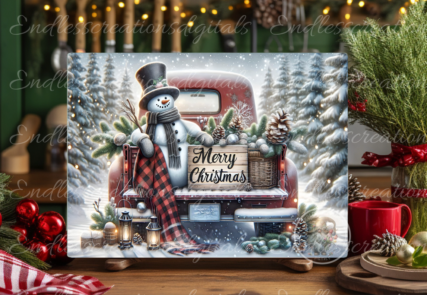 SNOWMAN WINTER RED TRUCK RECTANGLE/TINS