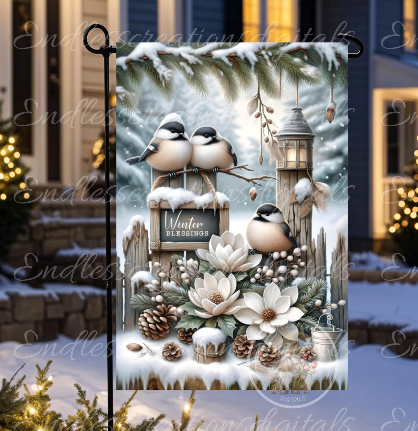 WINTER BLESSINGS CHICKADEES GARDEN FLAG