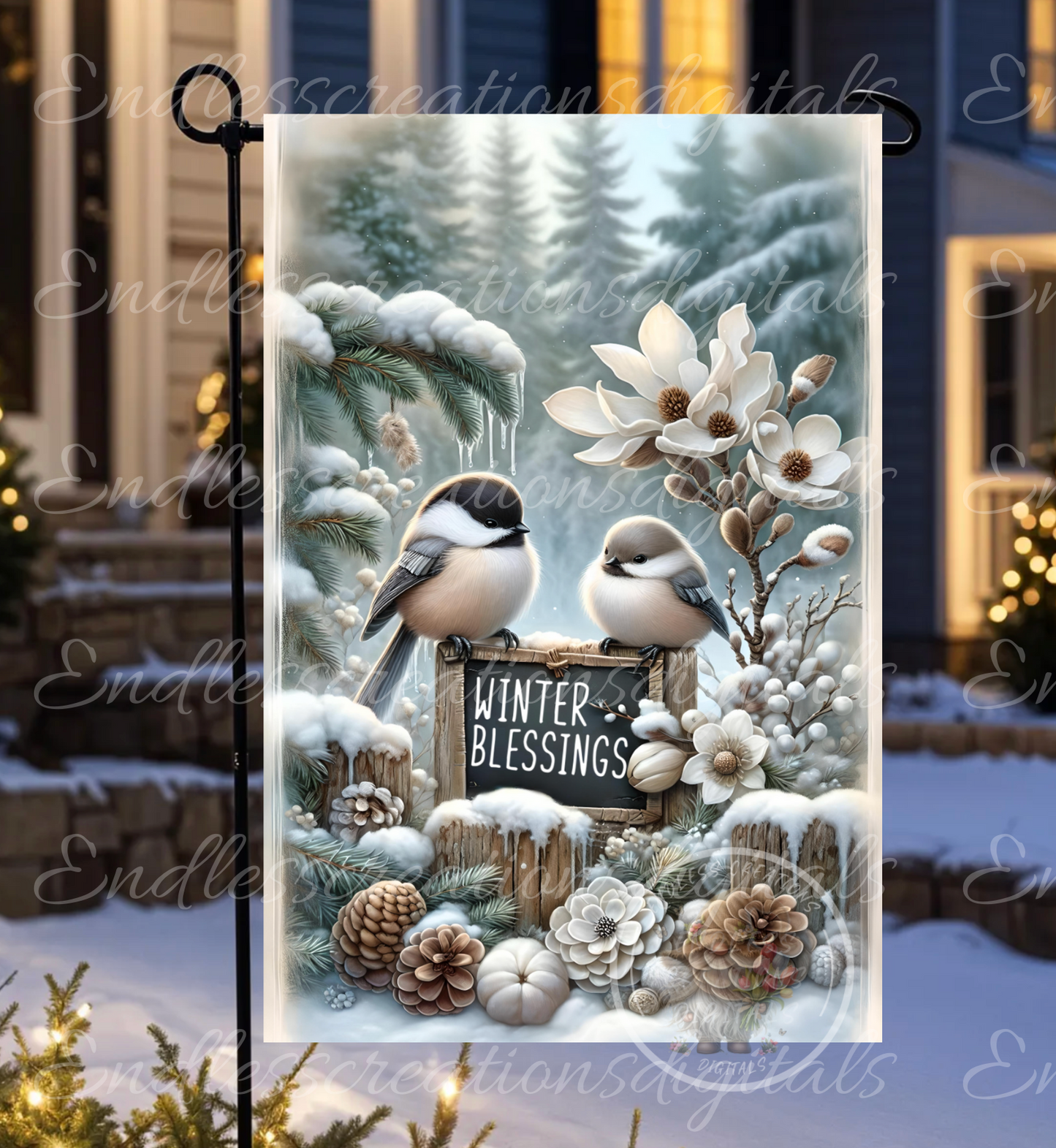 WINTER BLESSINGS CHICKADEE PAIR GARDEN FLAG