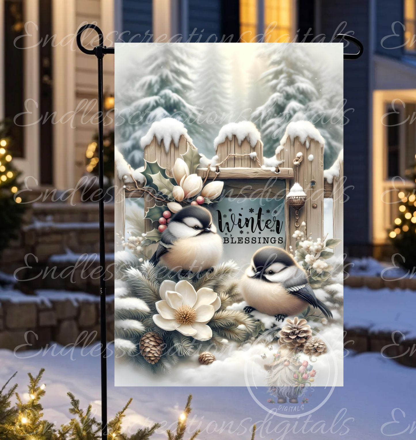 CHICKADEE COUPLE WINTER BLESSINGS GARDEN FLAG