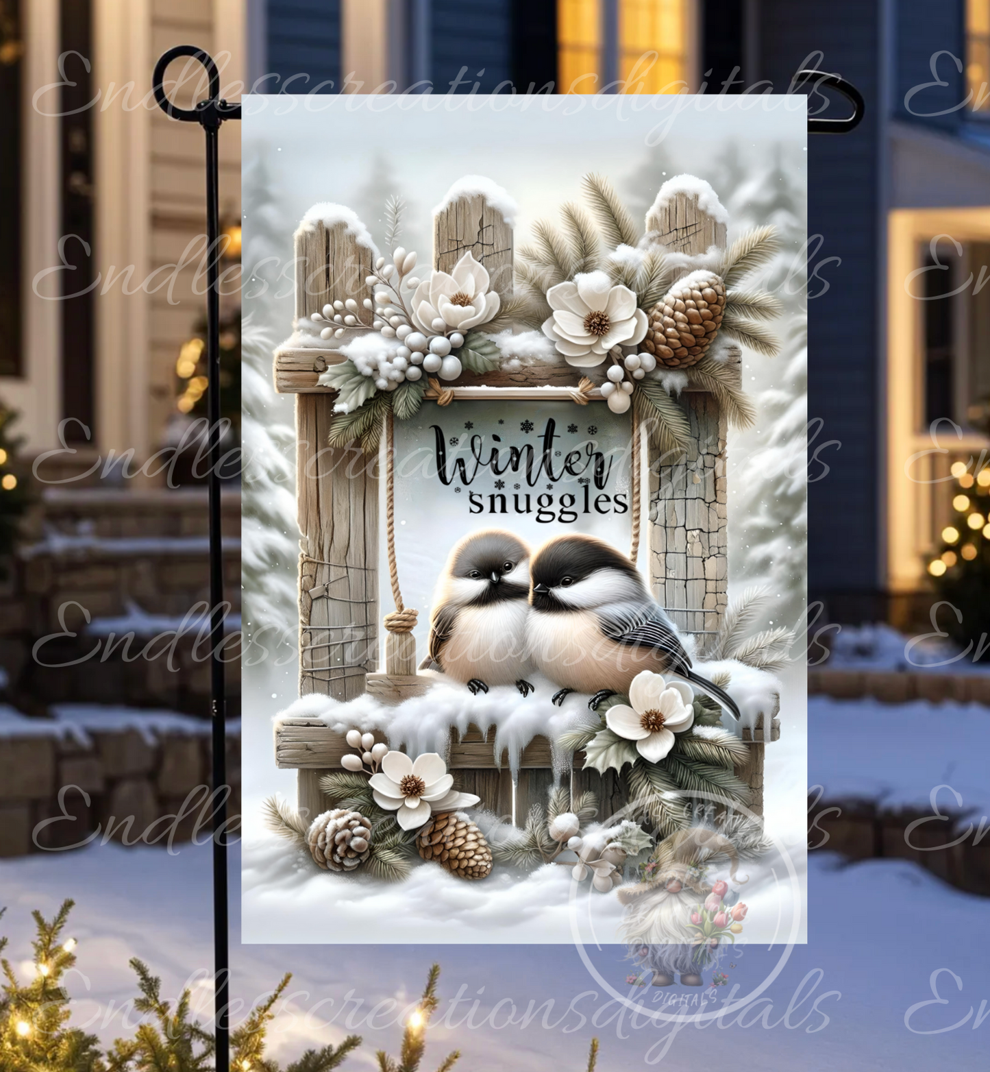 WINTER SNUGGLES CHICKADEES GARDEN FLAG