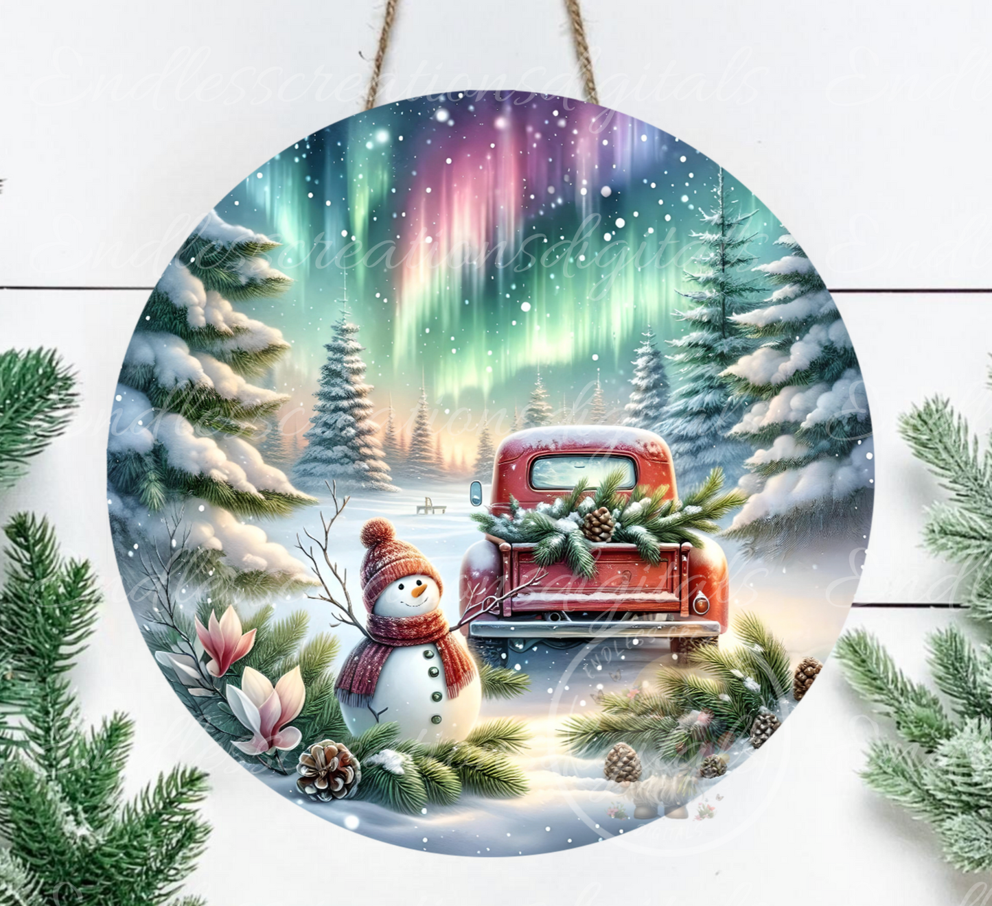 WINTER NORTHERN LIGHTS RED TRCUK CLOCK DESIGN
