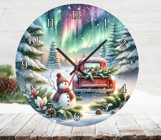 WINTER NORTHERN LIGHTS RED TRCUK CLOCK DESIGN