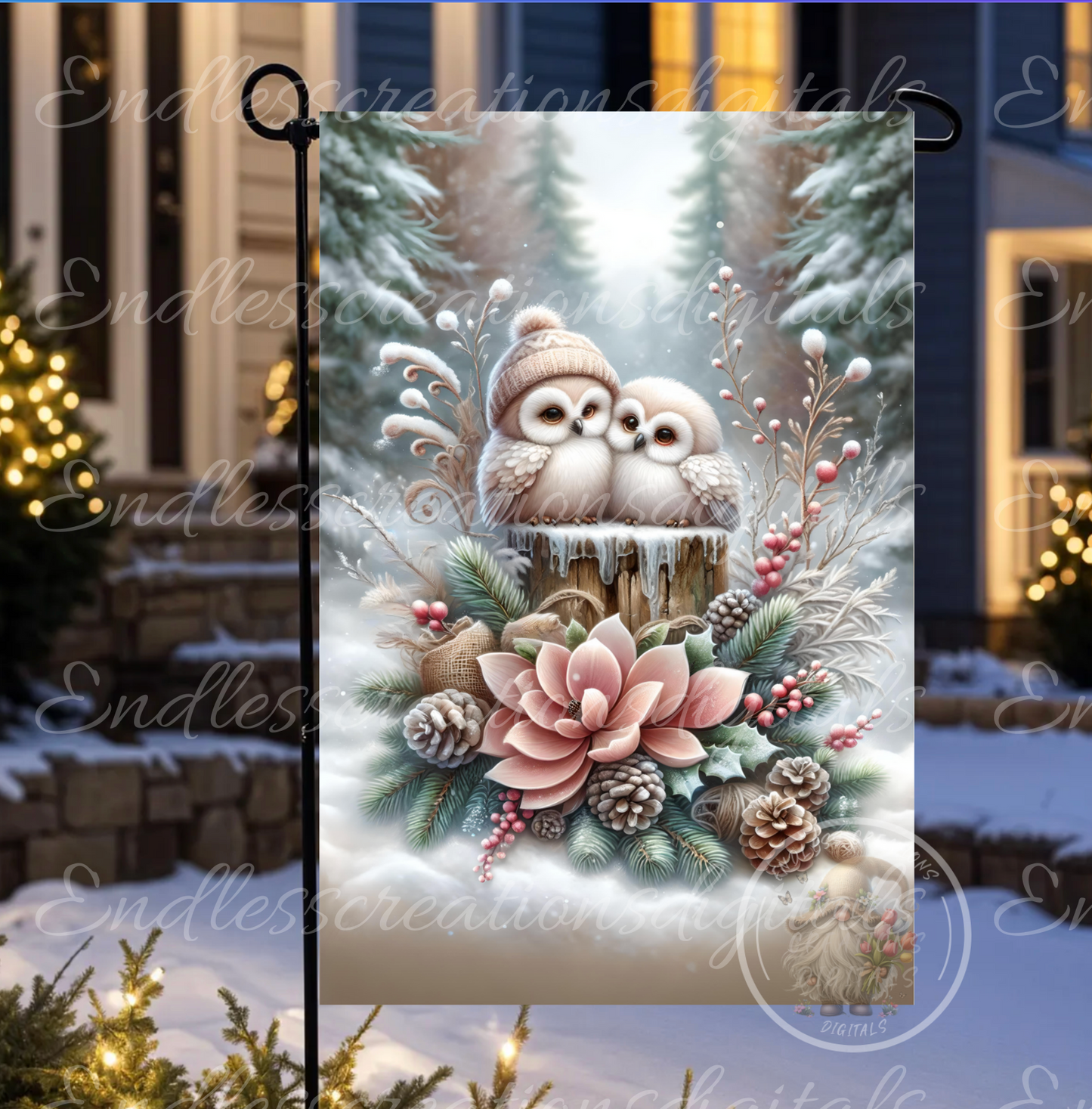 ADORABLE ROSE GOLD WINTER SNOW OWLS GARDEN FLAG