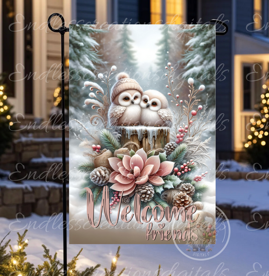 ADORABLE ROSE GOLD WINTER SNOW OWLS GARDEN FLAG
