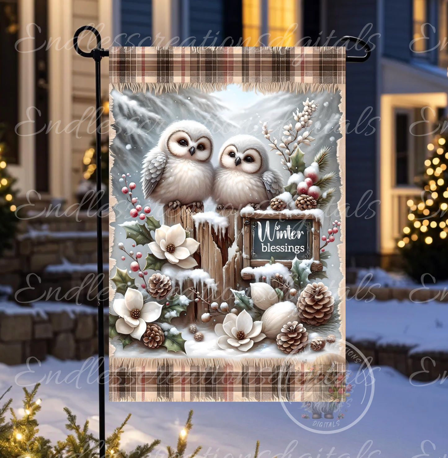 WINTER BLESSINGS SNOW OWLS GARDEN FLAG
