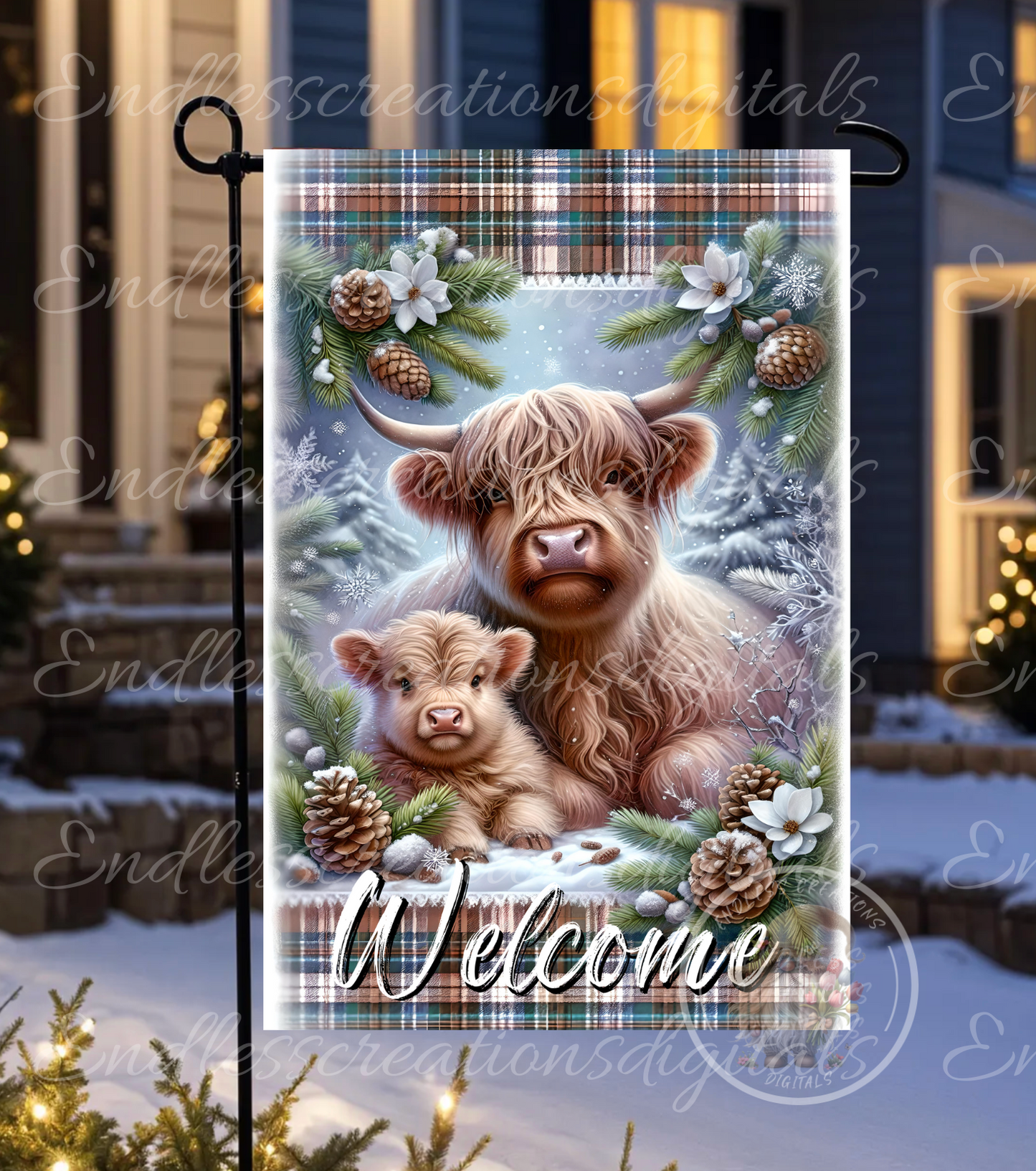 WINTER MAMA AND BABY HIGHLAND COW GARDEN FLAG