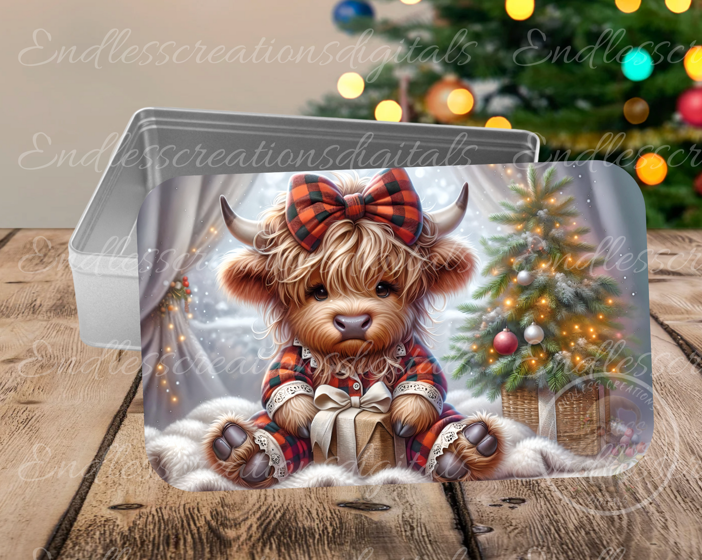 ADORABLE CHRISTMAS BABY GIRL HIGHLAND COW RECTANGLE/TINS