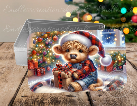 ADORABLE CHRISTMAS BOY HIGHLAND COW RECTANGLE/TINS