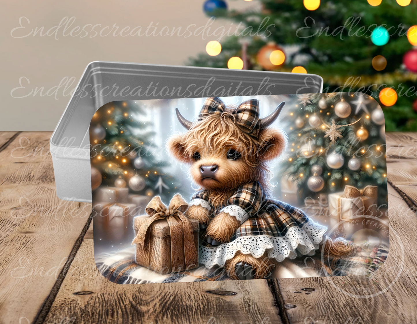 CUTE GIRL CHRISTMAS HIGHLAND COW RECTANGLE/TINS