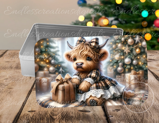 CUTE GIRL CHRISTMAS HIGHLAND COW RECTANGLE/TINS