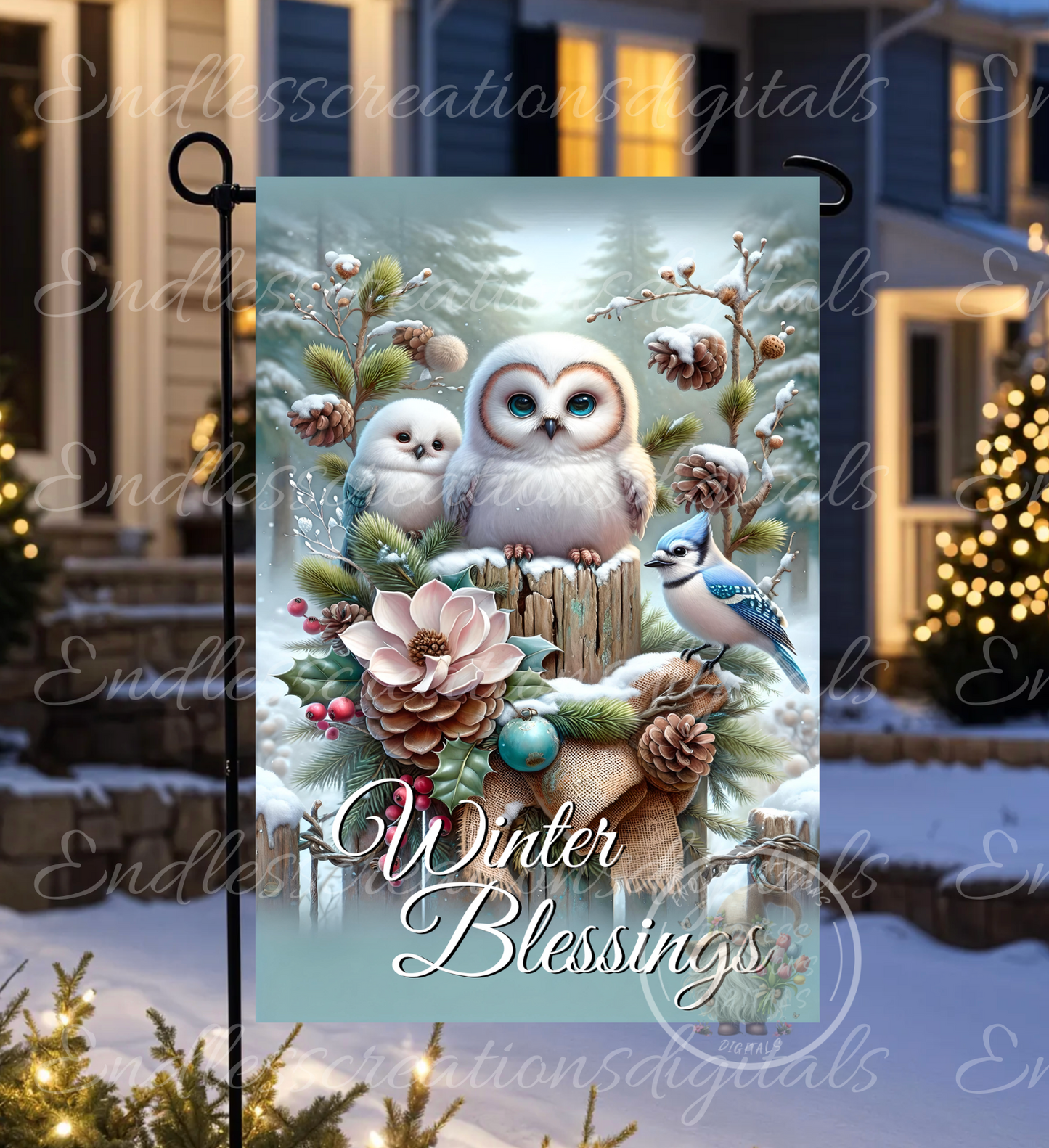 SNOW OWLS AND BLUE JAY GARDEN FLAG