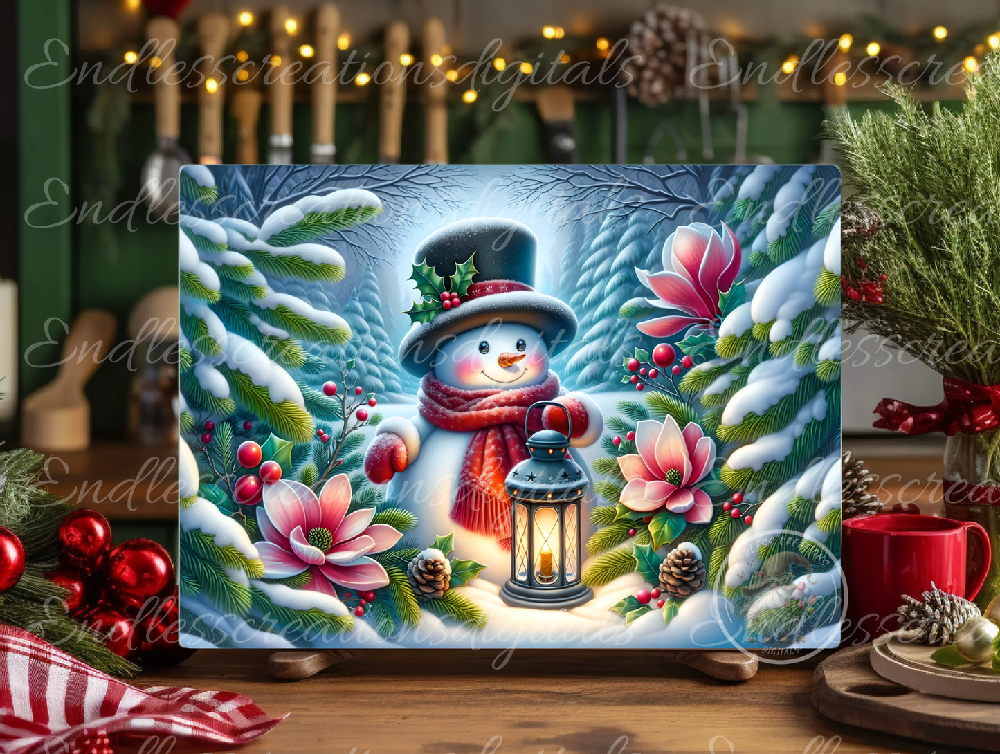 SNOWMAN MAGNOLIA LANTERN RECTANGLE/TINS