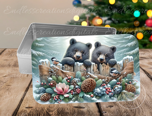 PAIR OF CUTE WINTER BLACK BEARS RECTANGLE/TINS