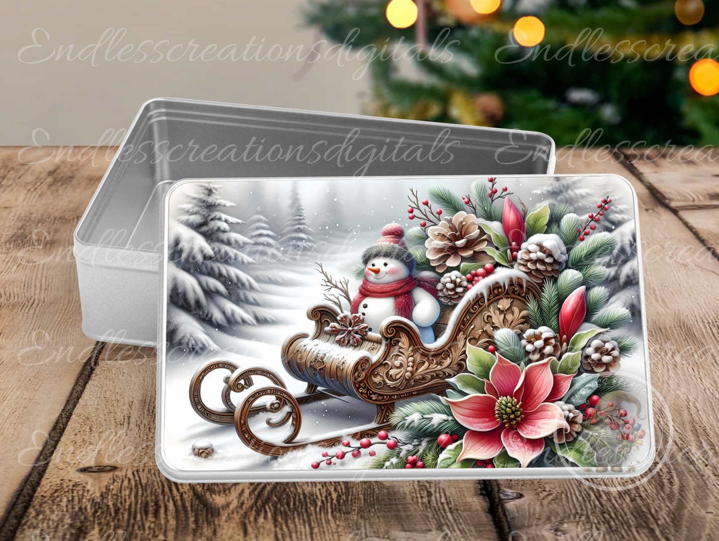 WINTER SNOWMAN SLEIGH RECTANGLE/TINS