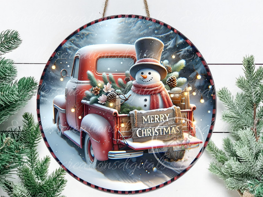 RED TRUCK MERRY CHRISTMAS SNOWMAN