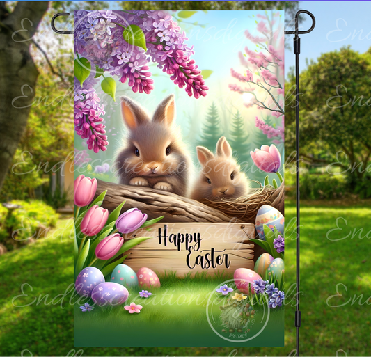 HAPPY EASTER SPRING BUNNIES GARDEN FLAG