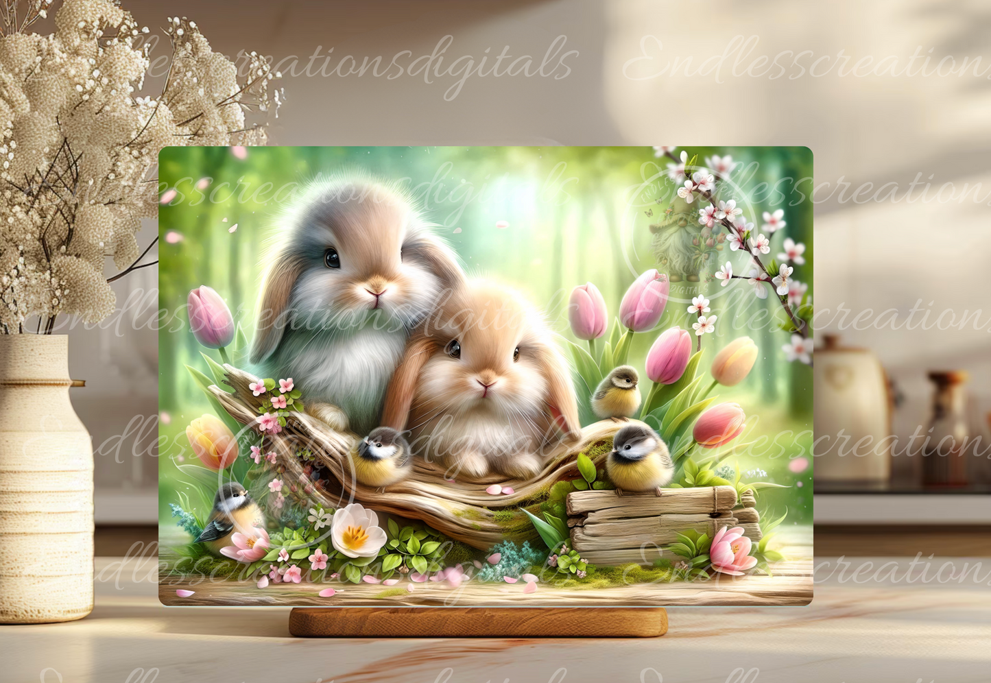 SPRING BUNNIES WITH CHICKADEES