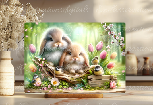 SPRING BUNNIES WITH CHICKADEES