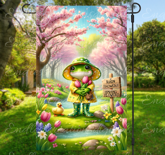 SPRING FLOWERS FROG GARDEN FLAG