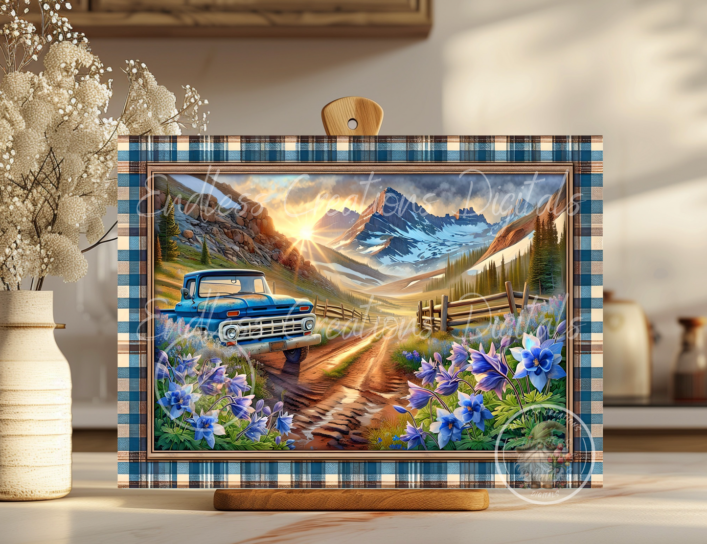 FLORAL MOUNTAINS BLUE TRUCK RECTANGLE