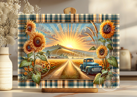 SUNFLOWERS BLUE TRUCK MOUNTAIN RECTANGLE