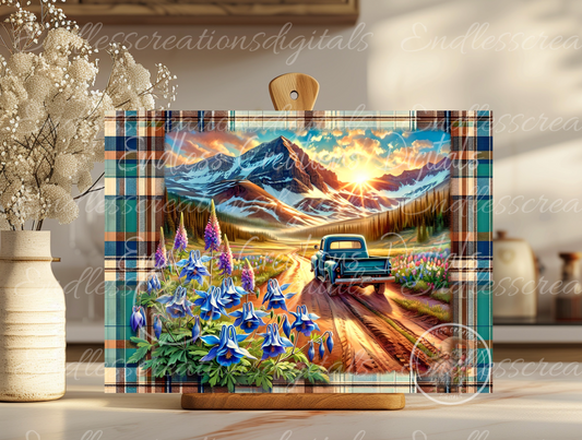 FLORAL MOUNTAINS BLUE TRUCK RECTANGLE