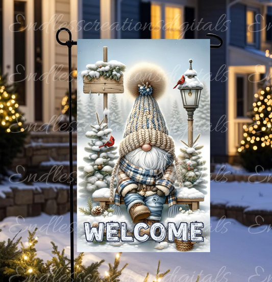 WELCOME WINTER GNOME GARDEN FLAG