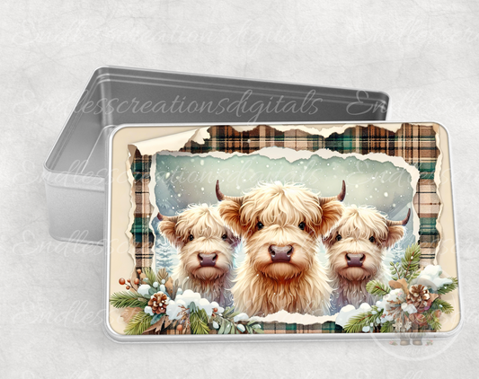 WINTER HIGHLAND COWS TIN/RECTANGLE