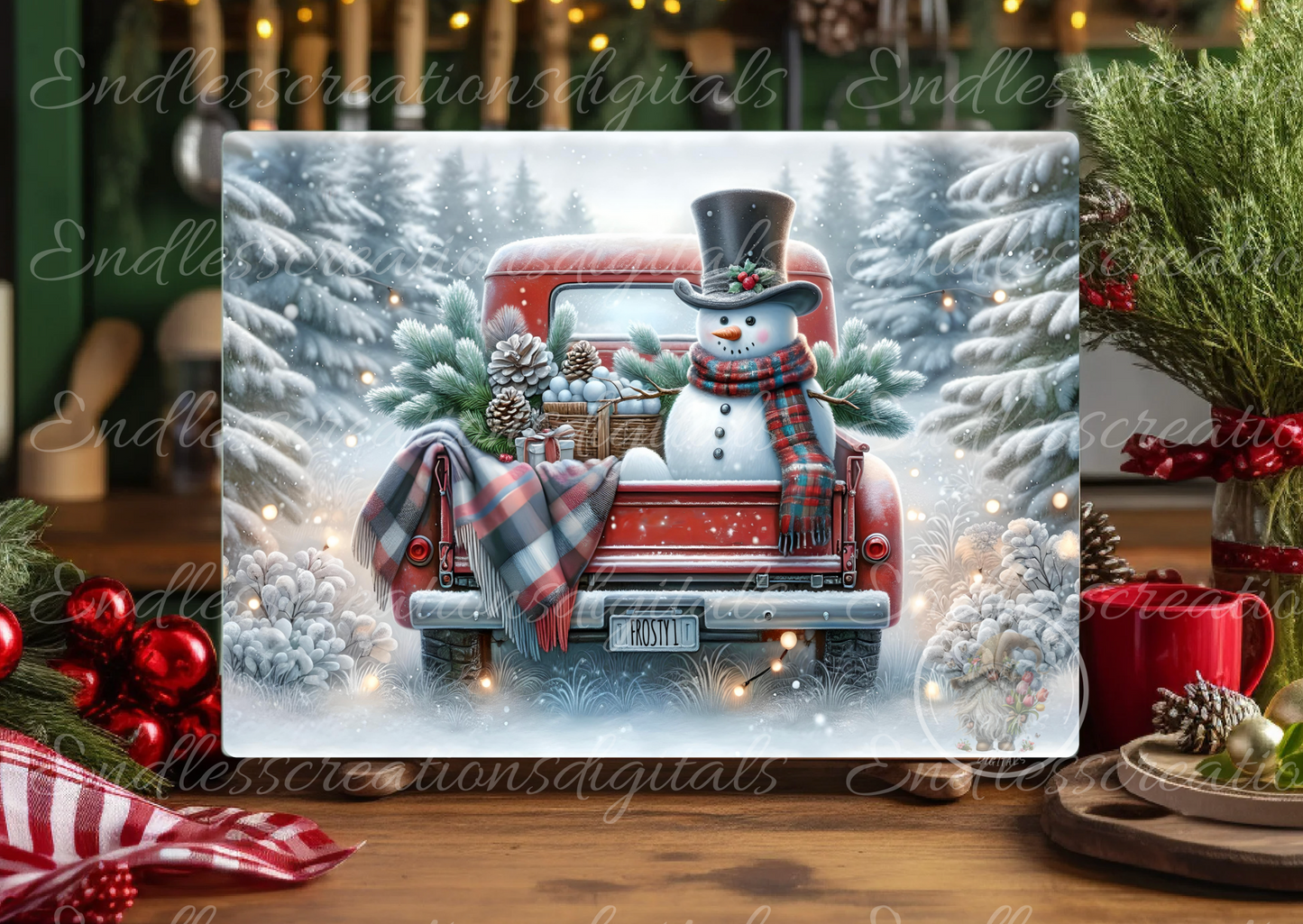 RED TRUCK SNOWMAN RECTANGLE/TINS